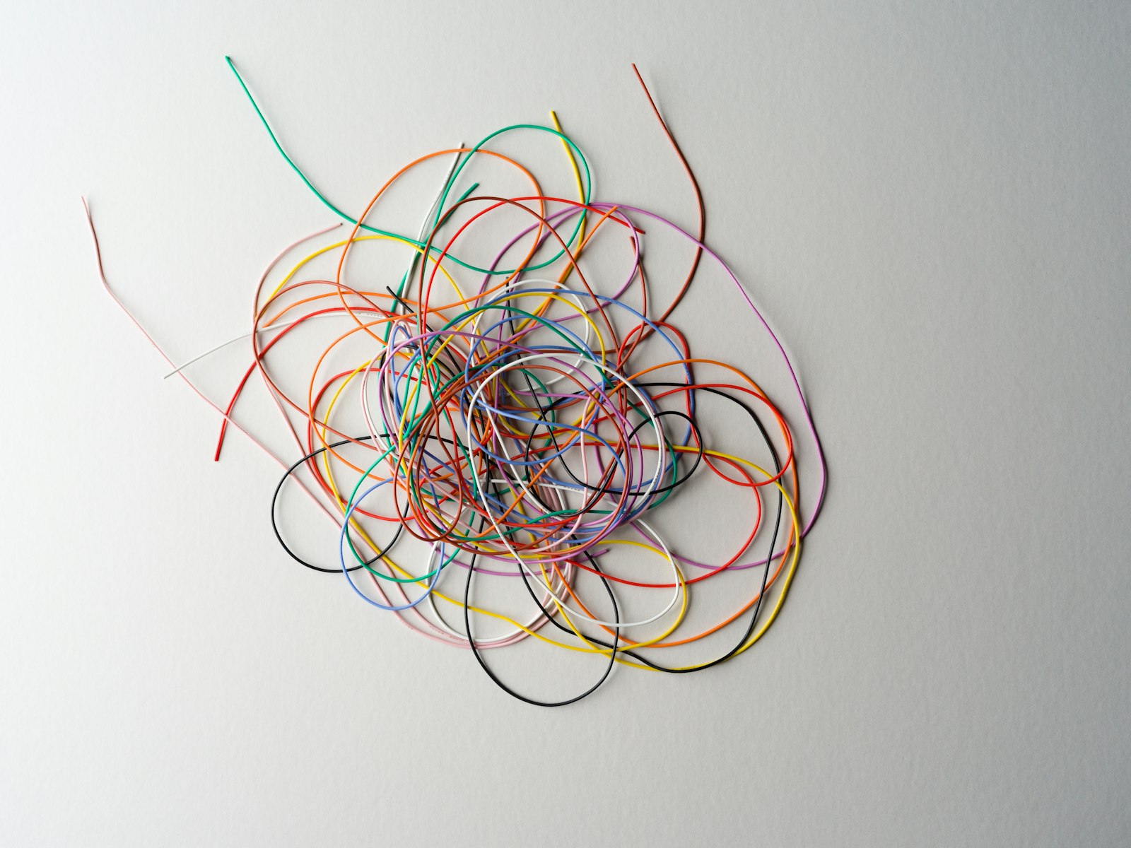 A tangled mess of colorful wires — the project-to-chat mapping you have to untangle by hand